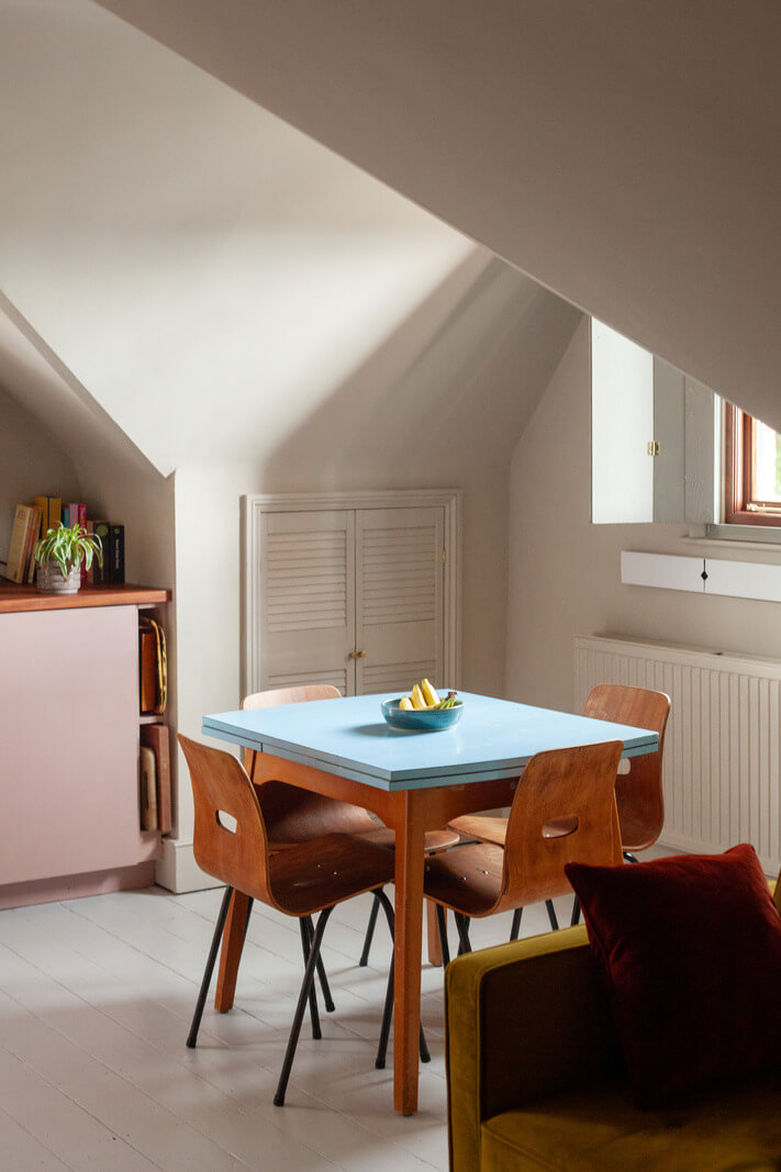 Pastel Tones and Midcentury Design in a Top Floor London Apartment 9 midcentury scandinavian dining table