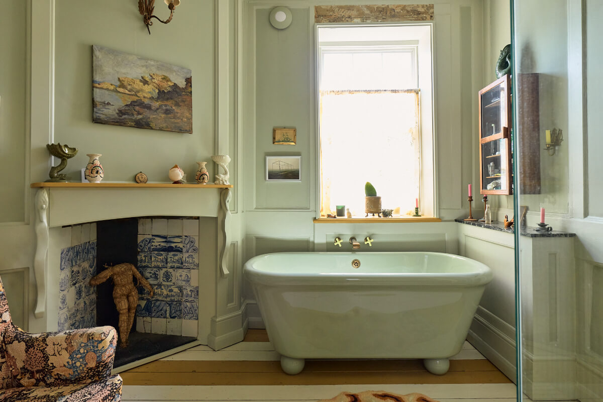 A Colorful Design-Led Georgian House in the Heart of Henley-on-Thames 29 mint green freestanding bath corner fireplace