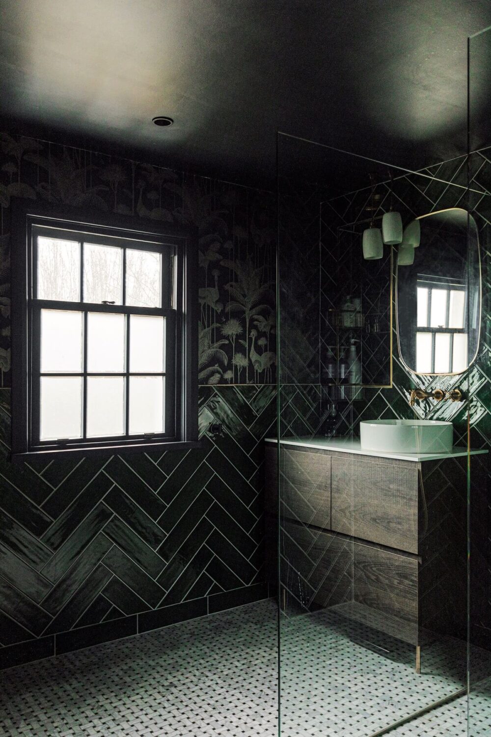 Moody, not Gloomy! Beautiful Dark Small Bathrooms 32 moody-dark-green-bathroom-herringbone-tiles-nordroom