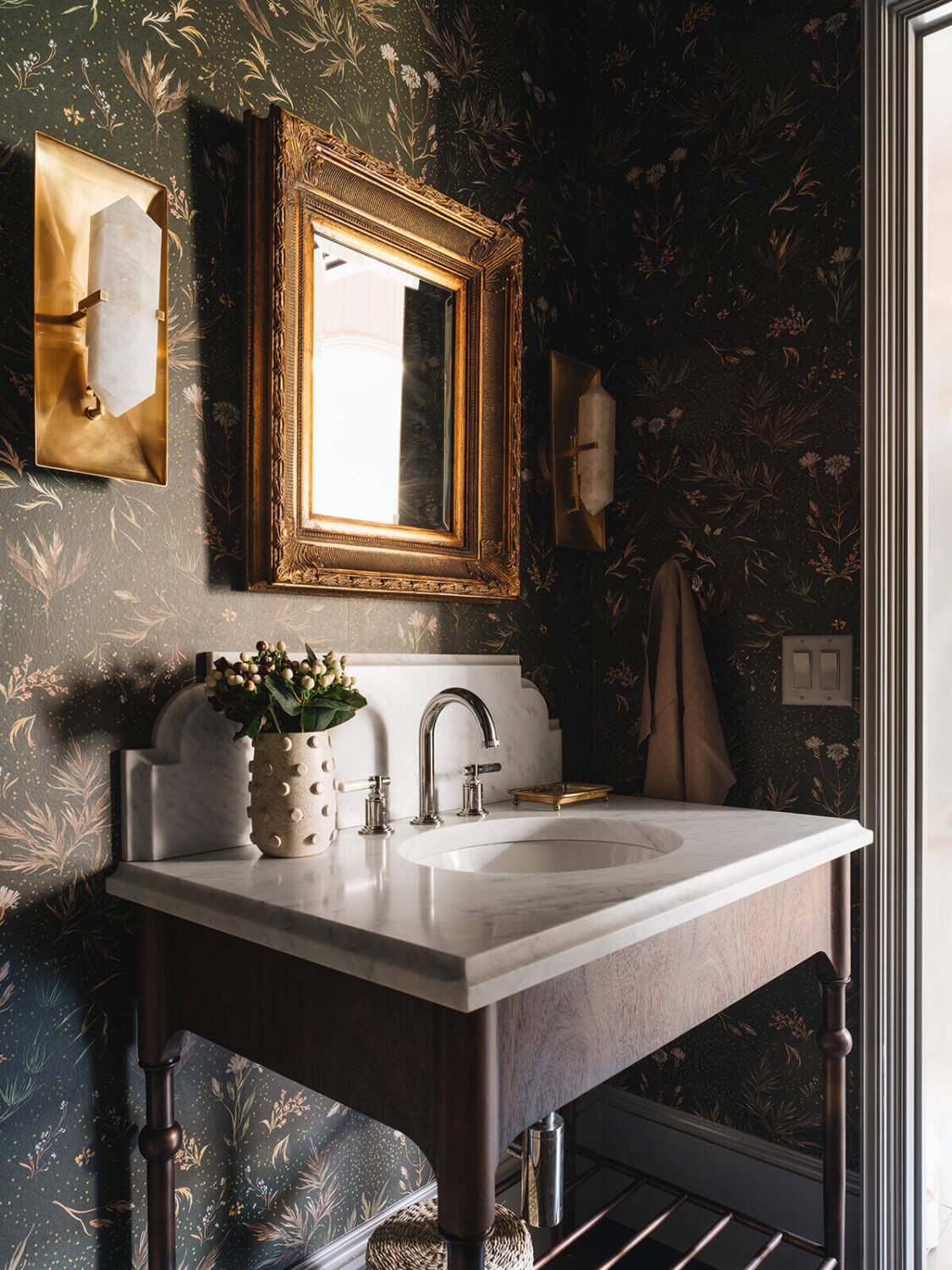Moody, not Gloomy! Beautiful Dark Small Bathrooms 27 moody-dark-powder-room-wallpaper-antique-mirror-nordroom