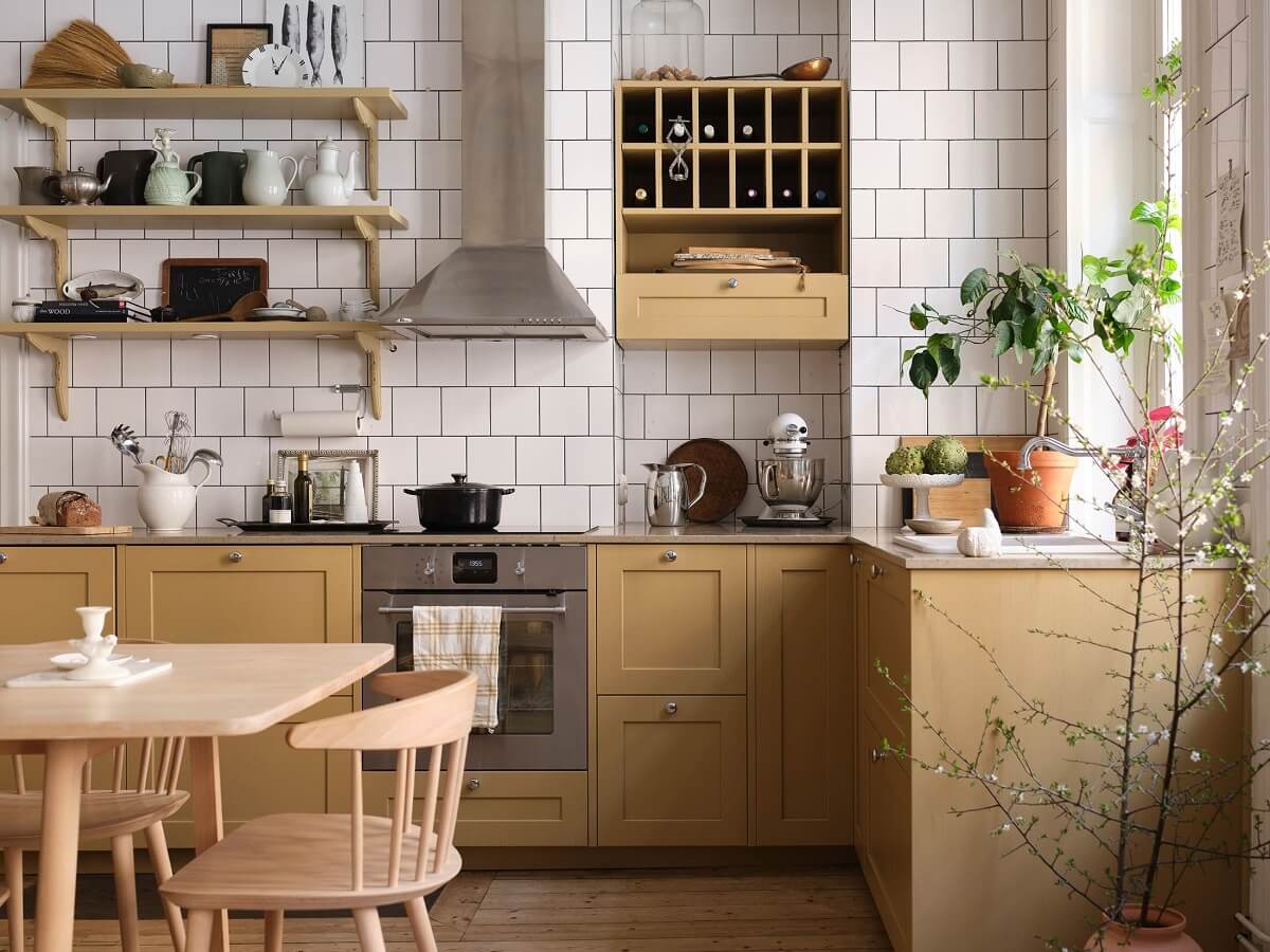 Yellow Kitchen Design Ideas (with Paint Colors) 30 ochre-kitchen-cabinets-wine-cabinet-white-tiles-nordroom