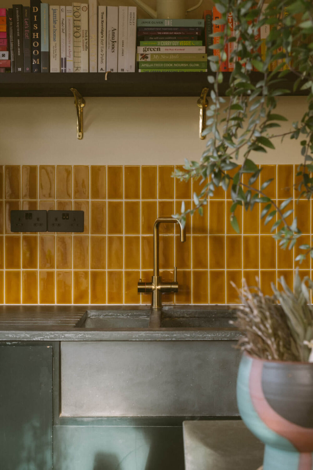 Yellow Kitchen Design Ideas (with Paint Colors) 42 ochre-yellow-backsplash-tiles-kitchen-concrete-worktop-sink-nordroom