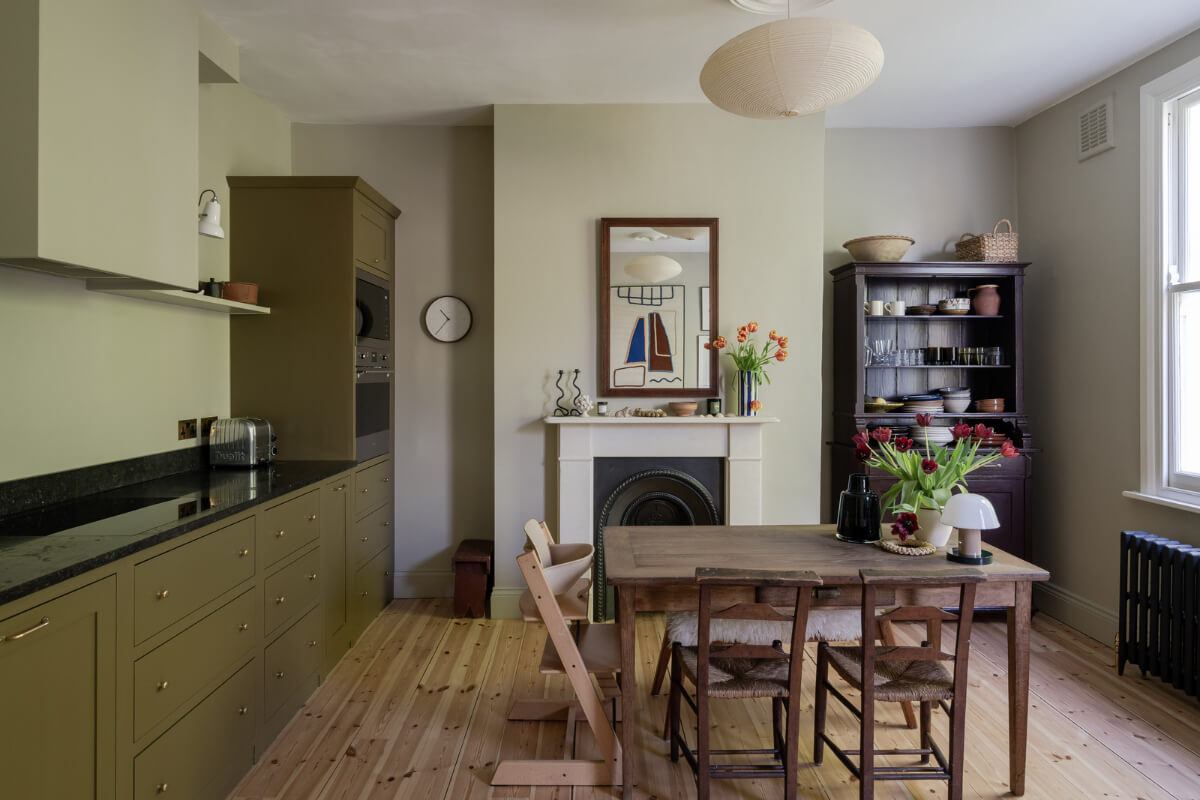 olive green kitchen dining area