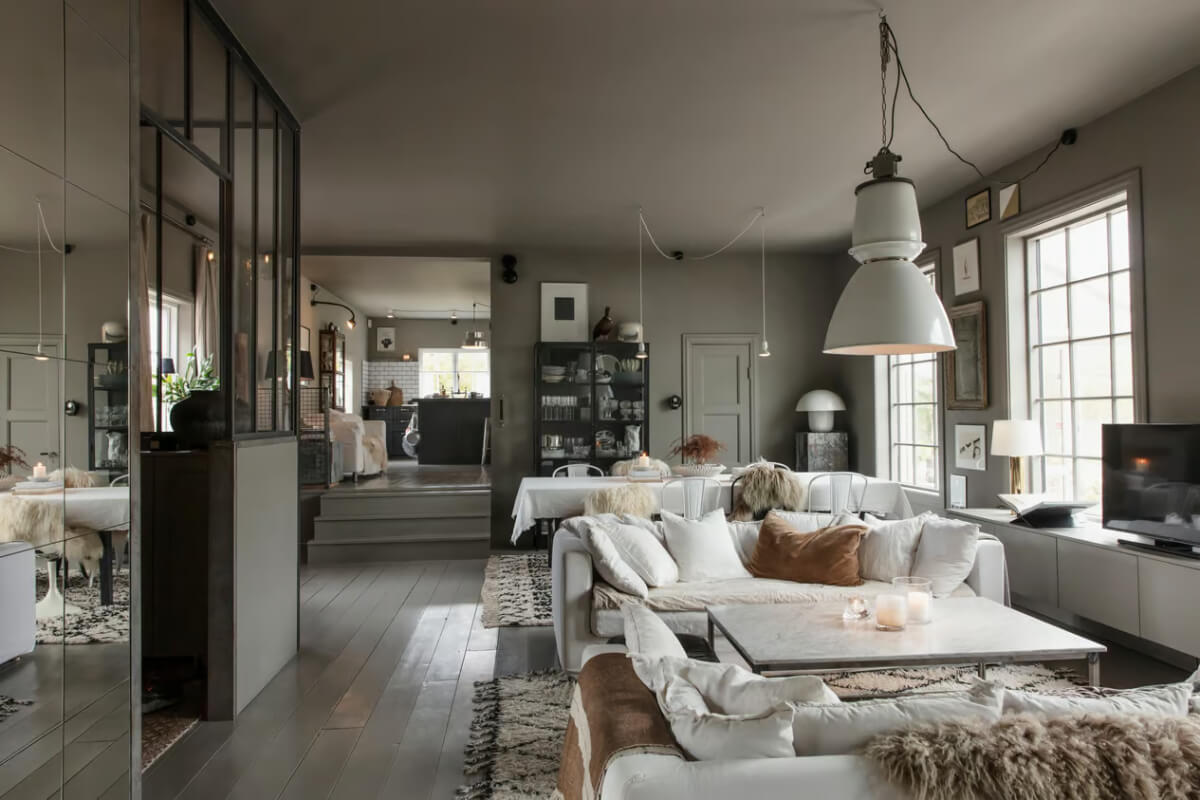 An Open-Plan Gray Home in a Former Textile Factory 4 open plan gray living space