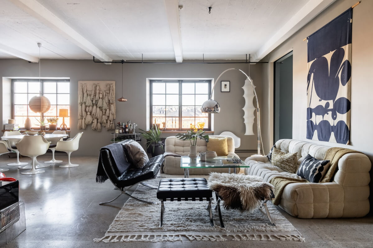 open plan living space concrete floor