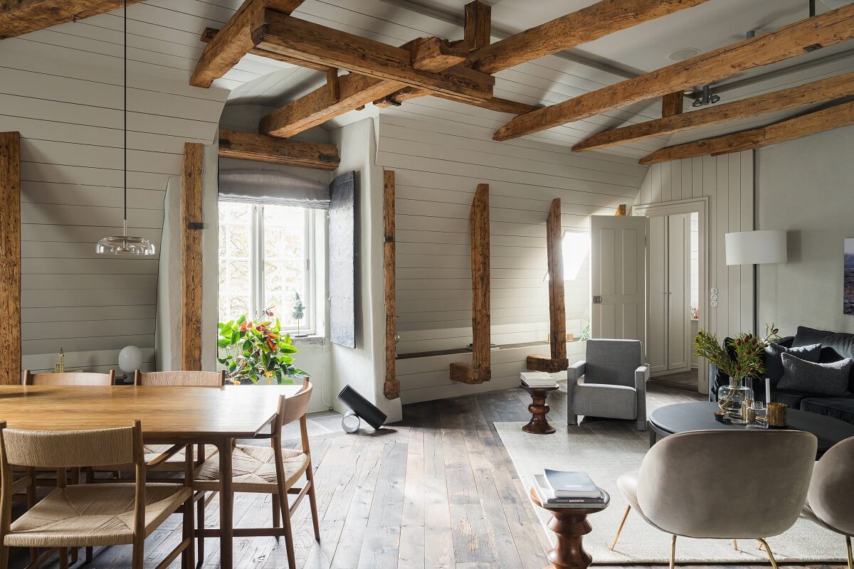 A Stylish Penthouse Apartment with Exposed Beams 1 open plan living space exposed wooden beams