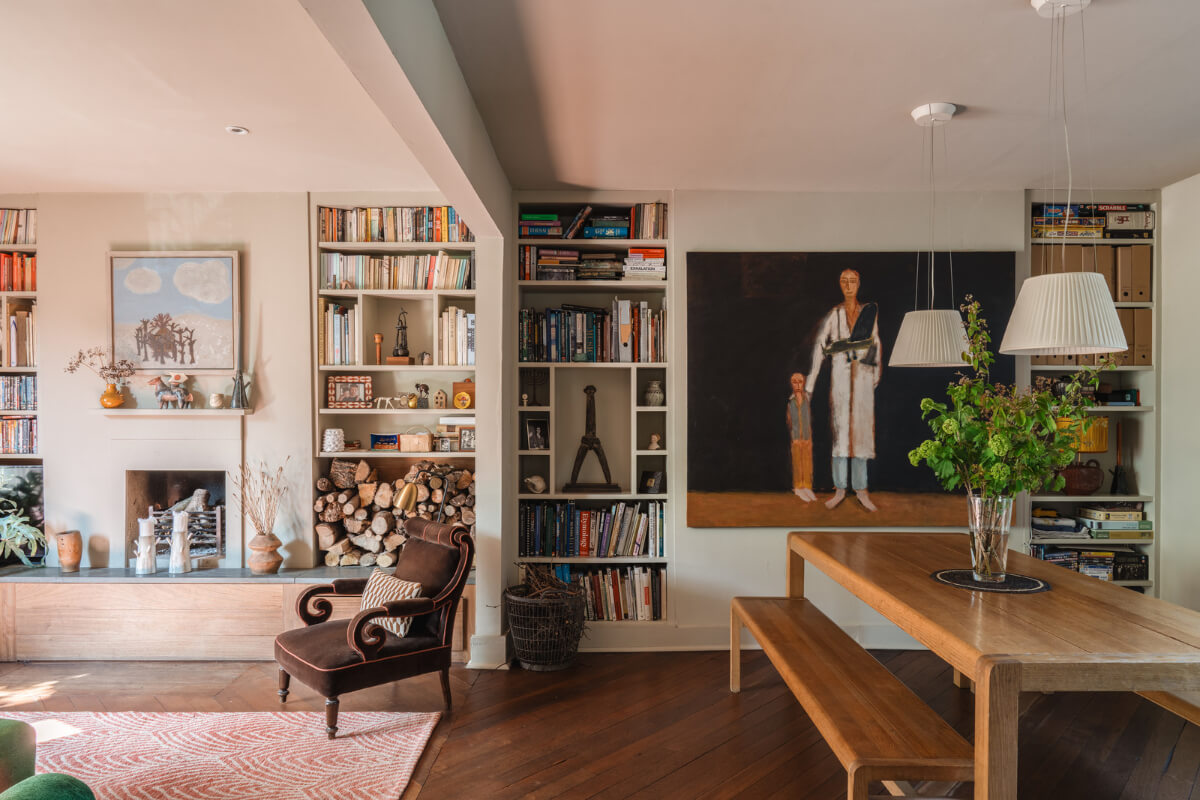 open plan living space wooden dining table