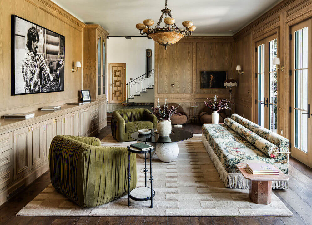 A Reimagined Spanish Colonial Revival Estate in Los Angeles 5 paneled sitting room floral sofa