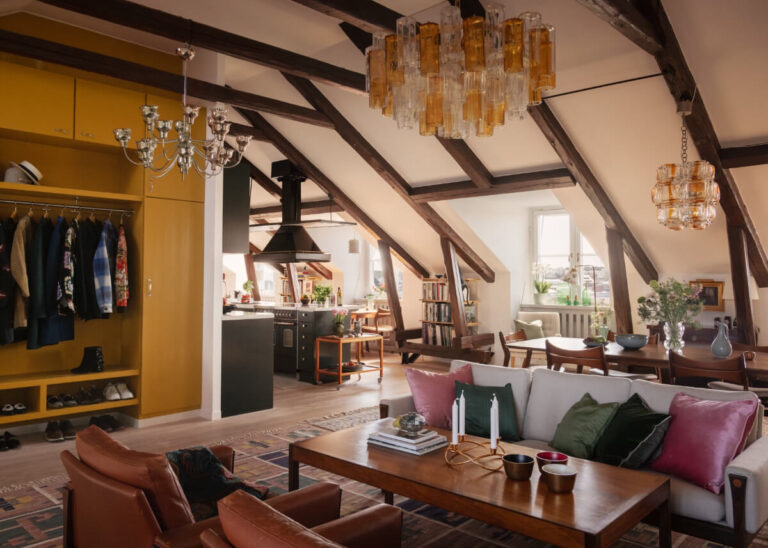 penthouse apartment exposed beams yellow hall storage