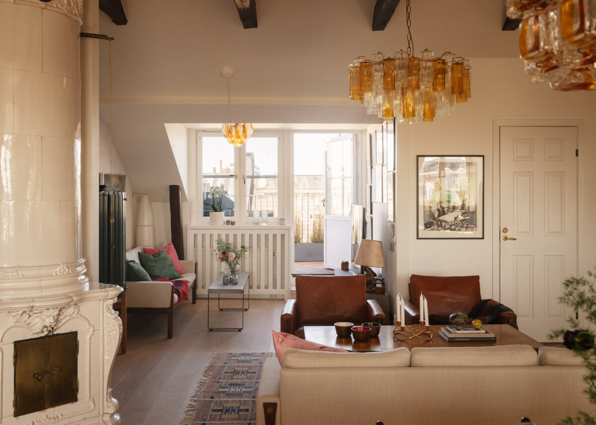 Revisiting a Spectacular Stockholm Penthouse with Exposed Beams 4 penthouse living space roof terrace