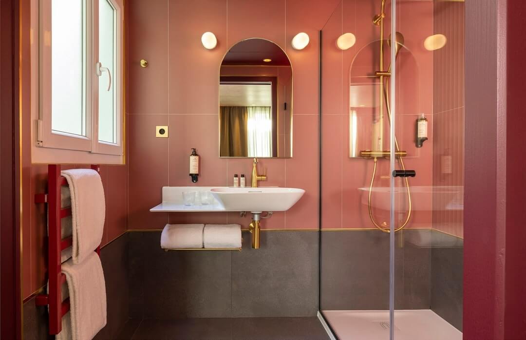 Top Boutique & Design Hotels in the Latin Quarter of Paris 15 pink bathroom brass fittings hotel jardin de cluny Top Boutique & Design Hotels in the Latin Quarter of Paris