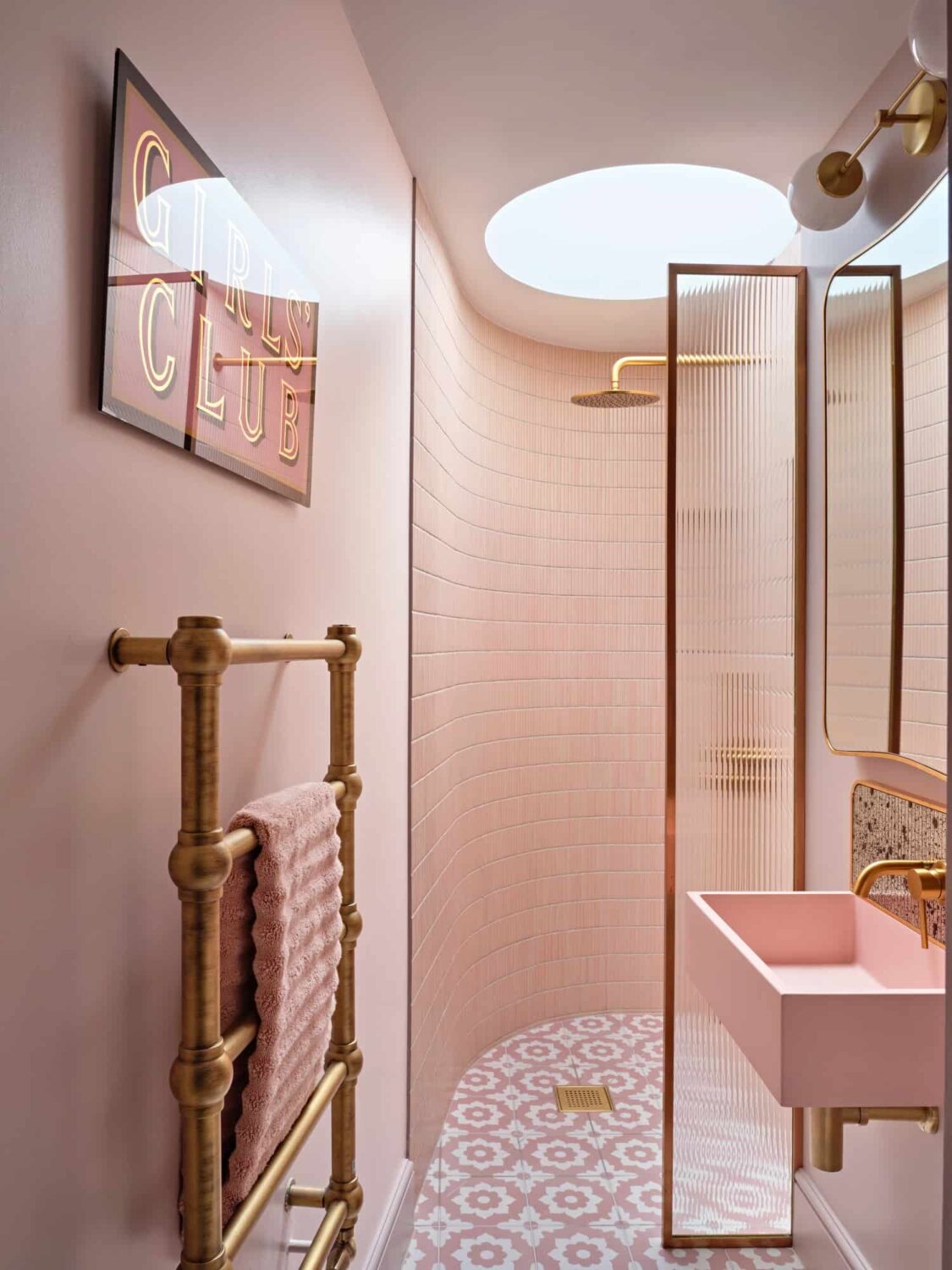 Pink & Gray Rooms in a Victorian Home with a Guest House 12 pink bathroom with rounded walk in shower and skylight