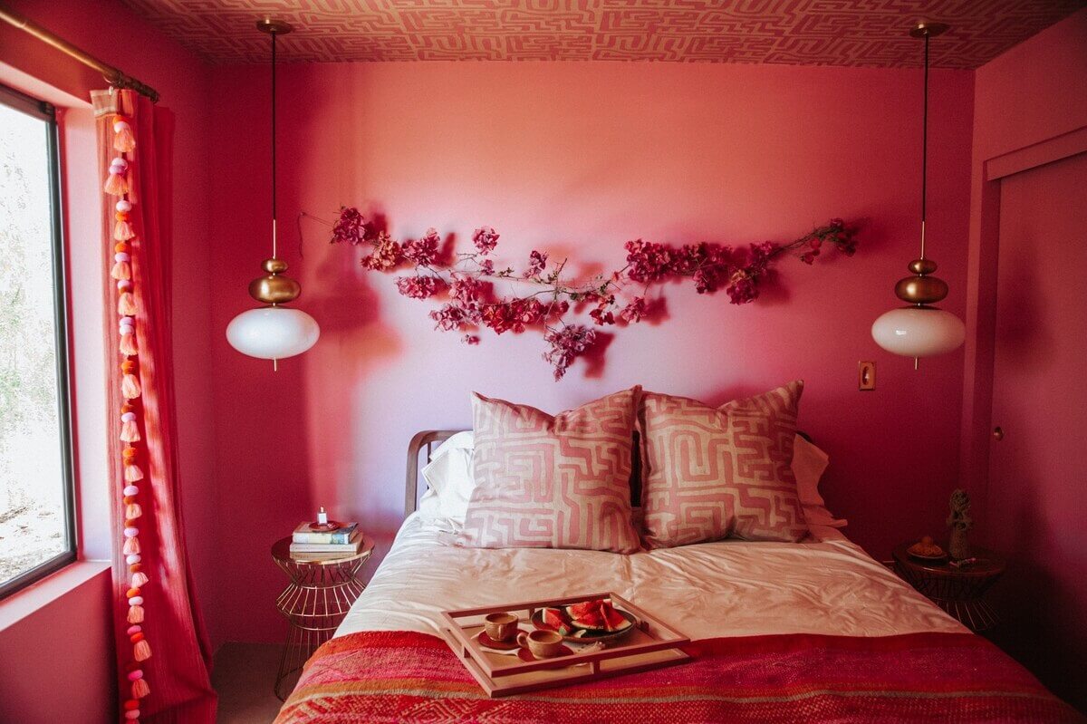 A Colorful Airbnb Home in the Morongo Valley 24 pink-bedroom-floral-wall-art-nordroom