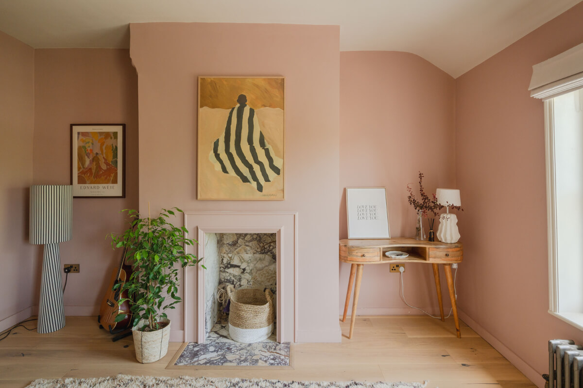 Vibrant Colors in a 19th-Century Regency Townhouse in England 24 pink bedroom marble fireplace