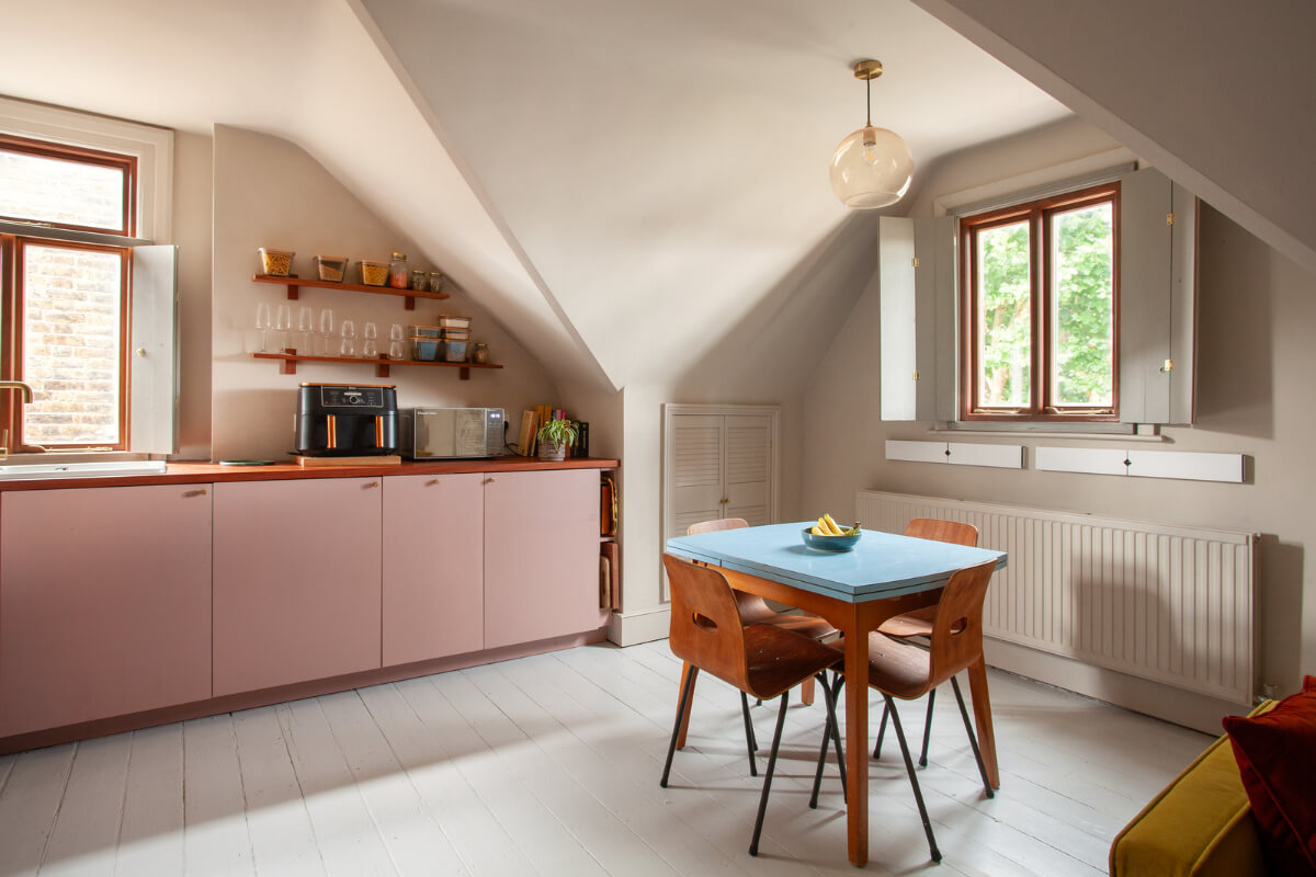 Pastel Tones and Midcentury Design in a Top Floor London Apartment 7 pink kitchen
