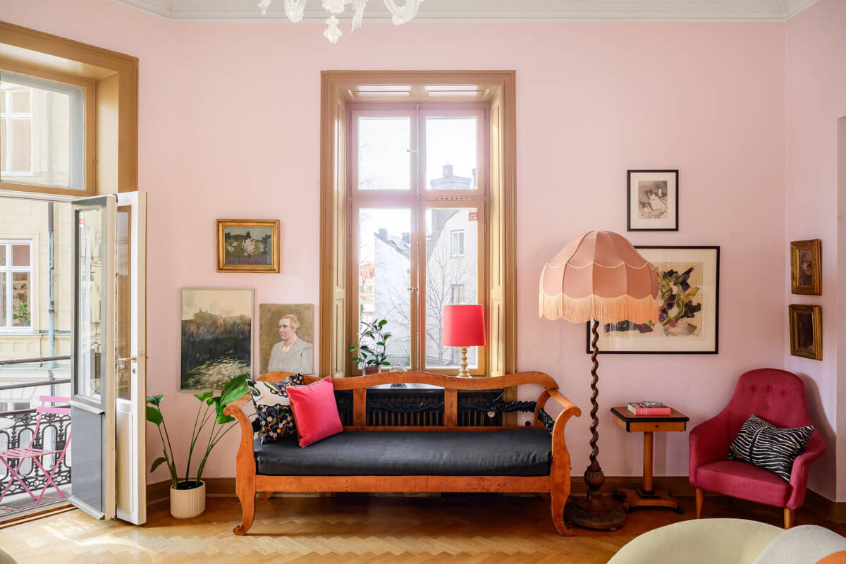 A Pink Living Room in a Light-Filled Stockholm Apartment 3 pink living room with balcony