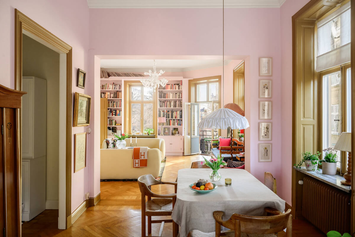 A Pink Living Room in a Light-Filled Stockholm Apartment 5 pink open-plan living room kitchen
