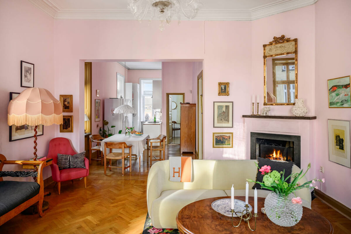 A Pink Living Room in a Light-Filled Stockholm Apartment 4 pink open plan living space