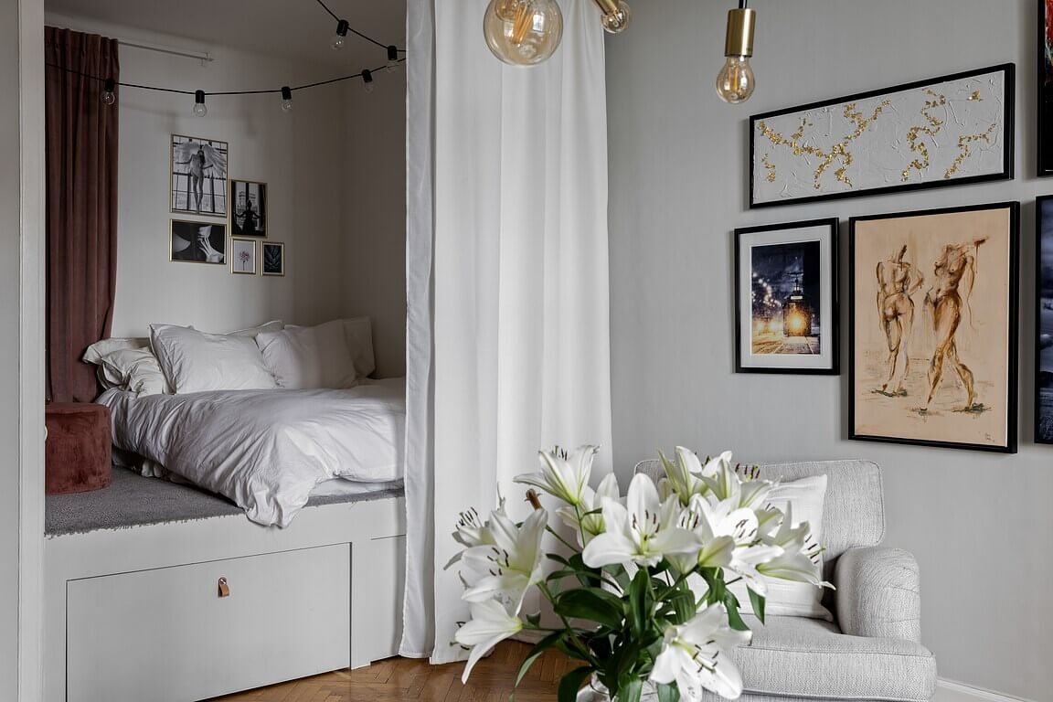 52 Studio Apartments with a Curtain Room Divider 26 platform-bed-drawers-curtain-room-divider-studio-apartment-nordroom