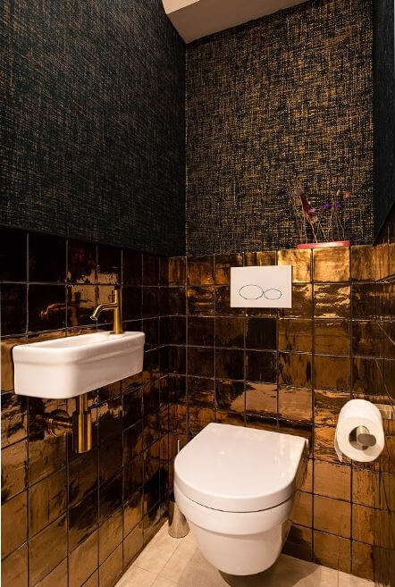 Moody, not Gloomy! Beautiful Dark Small Bathrooms 28 powder-room-black-tiles-wallpaper-nordroom