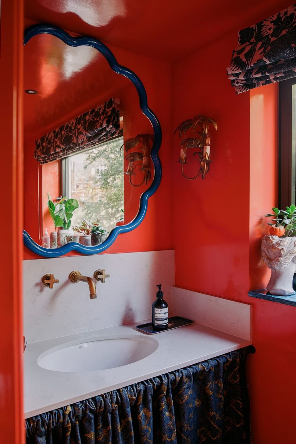 40+ Colorful Bathrooms That Will Spruce Up Your Home 14 powder-room-red-walls-sink-skirt-nordroom