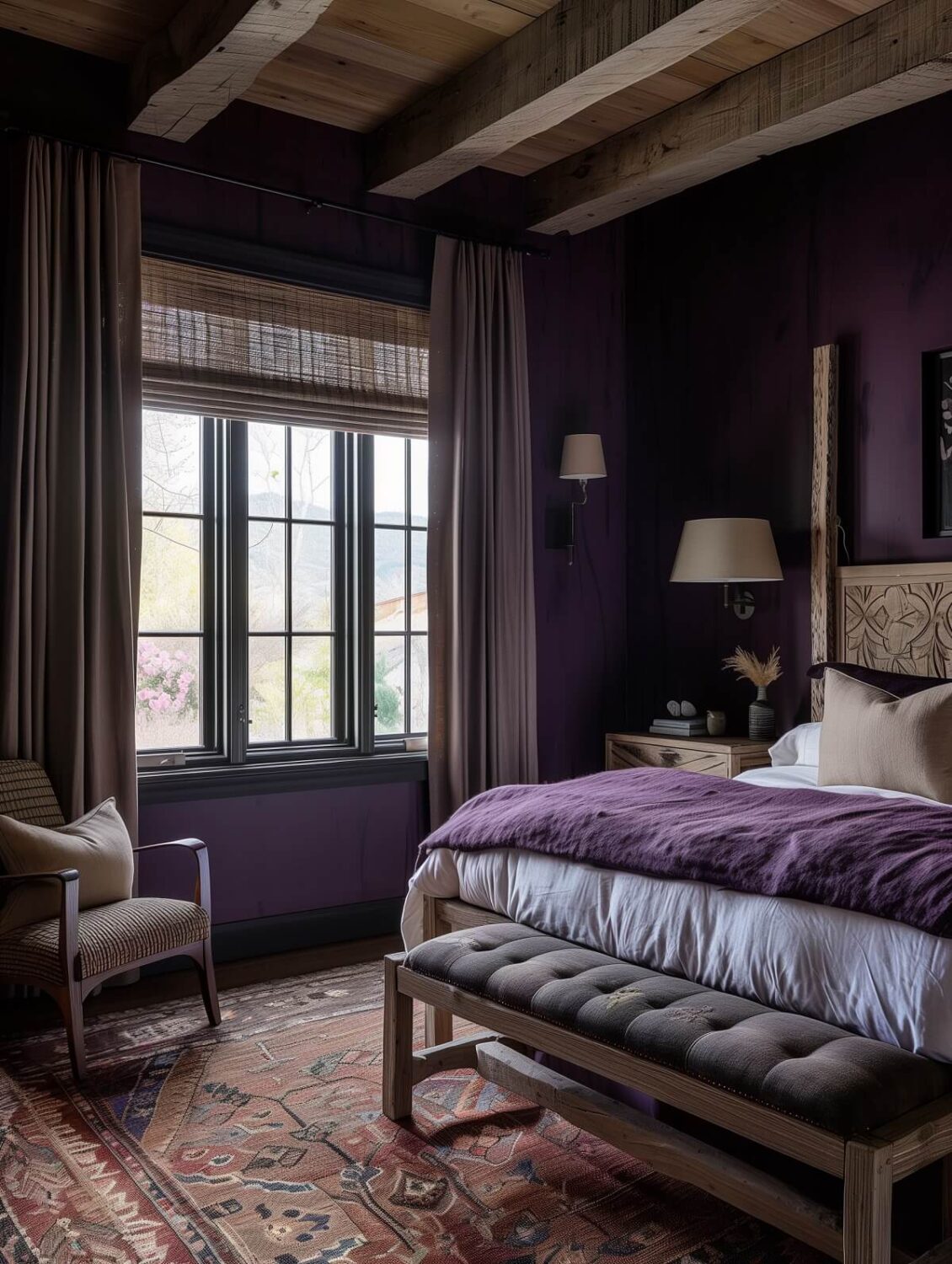 Beautiful Dark Feminine Bedroom Ideas For Every Style 5 purple bedroom with wooden ceiling and large rug nordroom