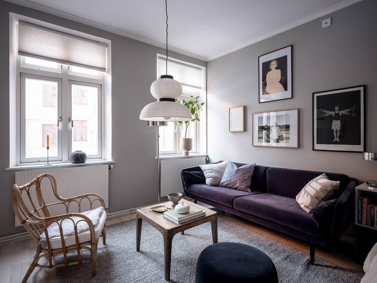 A Cozy Monochrome Gray Studio Apartment 4 purple sofa light gray studio apartment nordroom