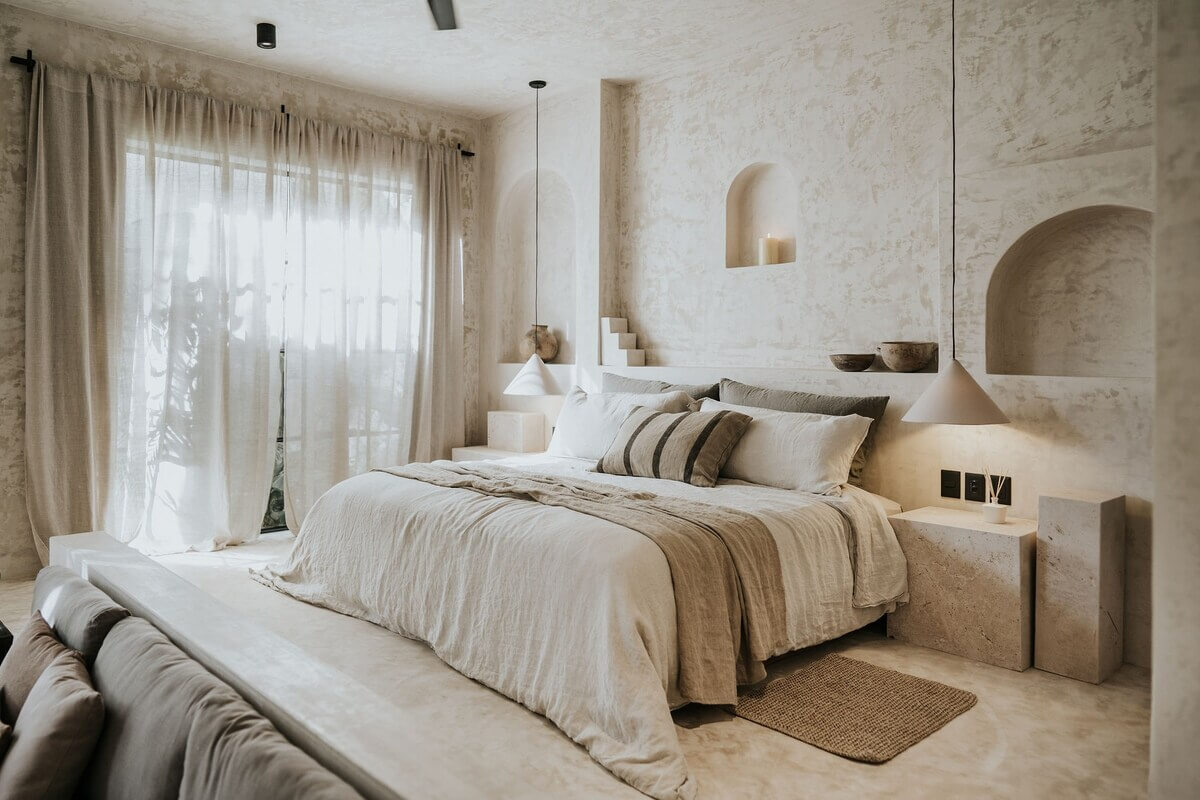 A Serene Design Apartment in Tulum 13 raised-bedroom-niches-hanging-pendants-airbnb-apartment-tulum-nordroom