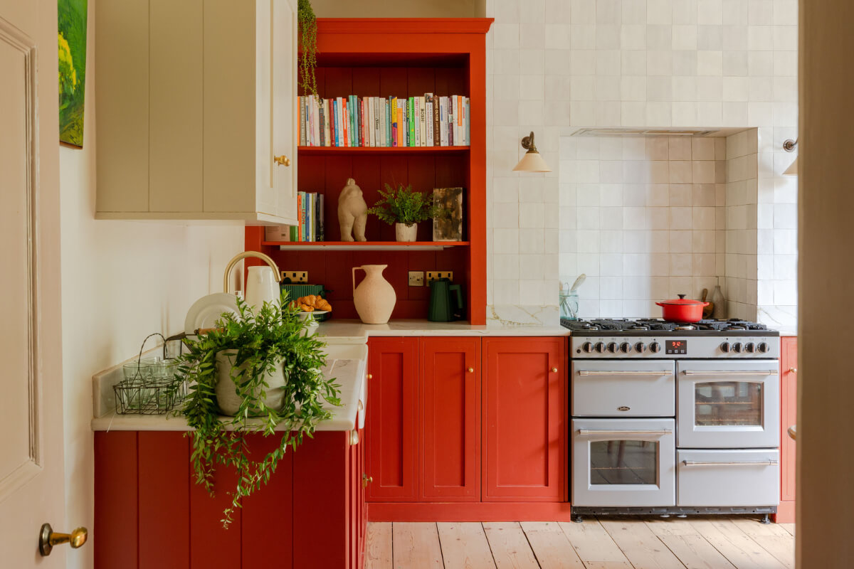 Vibrant Colors in a 19th-Century Regency Townhouse in England 2 red kitchen open and closed cabinets zellige tiles