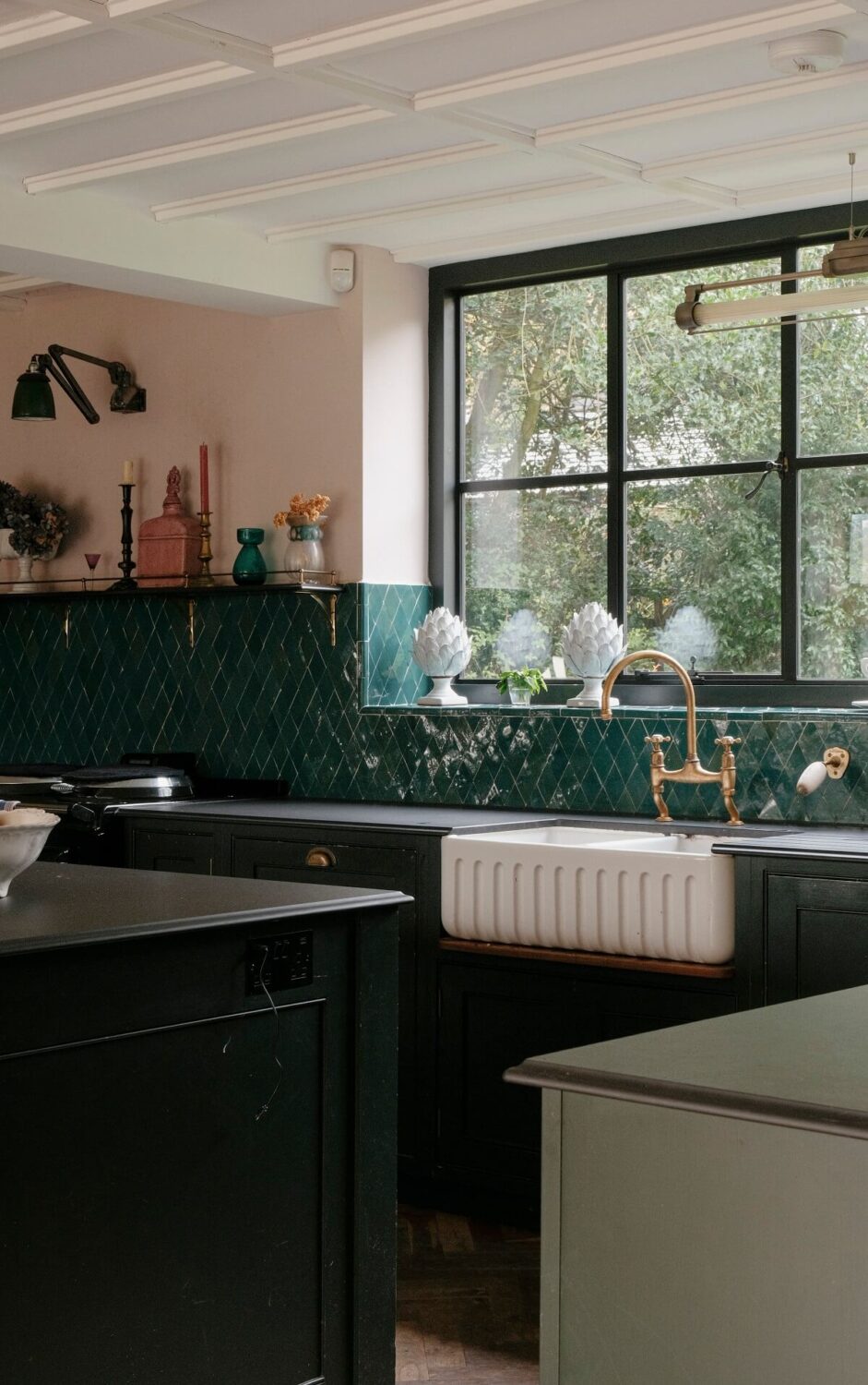 A Barn House with Vintage Decor and Exposed Beams 10 ribbed kitchen sink and glossy green tiles