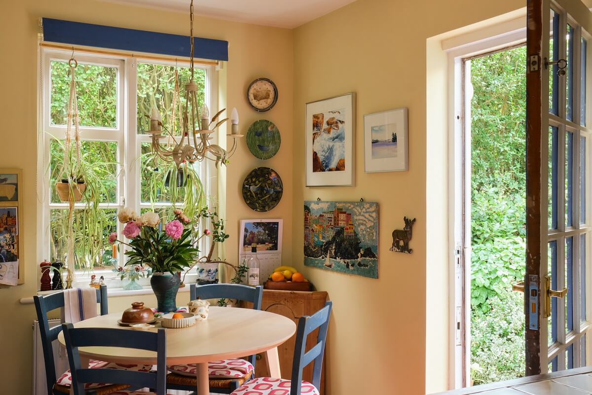 Yellow Kitchen Design Ideas (with Paint Colors) 51 round-dining-table-blue-chairs-english-cottage-nordroom