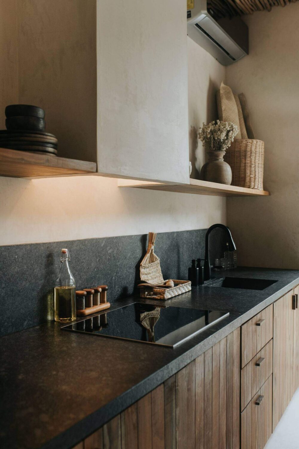 Rustic Wooden Elements in a Stylish Tulum Airbnb 13 rustic-wooden-kitchen-black-worktop-airbnb-apartment-tulum-nordroom