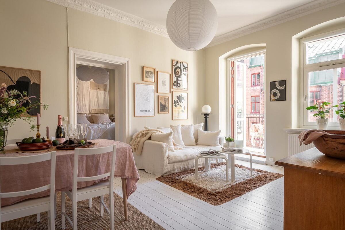 Warm, Neutral Colors in a Lovely Swedish Apartment 1 scandinavian living room beige walls white floor nordroom
