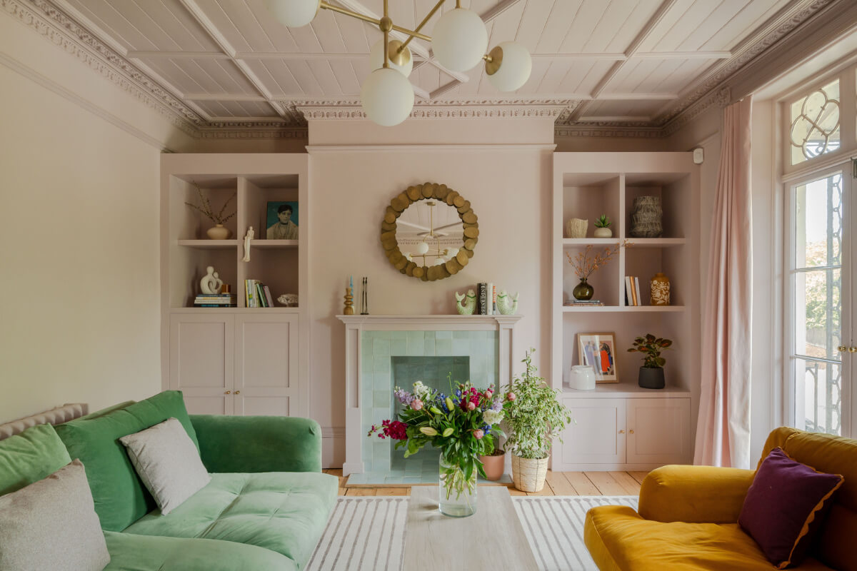 Vibrant Colors in a 19th-Century Regency Townhouse in England 12 sitting room light pink walls green and yellow sofa