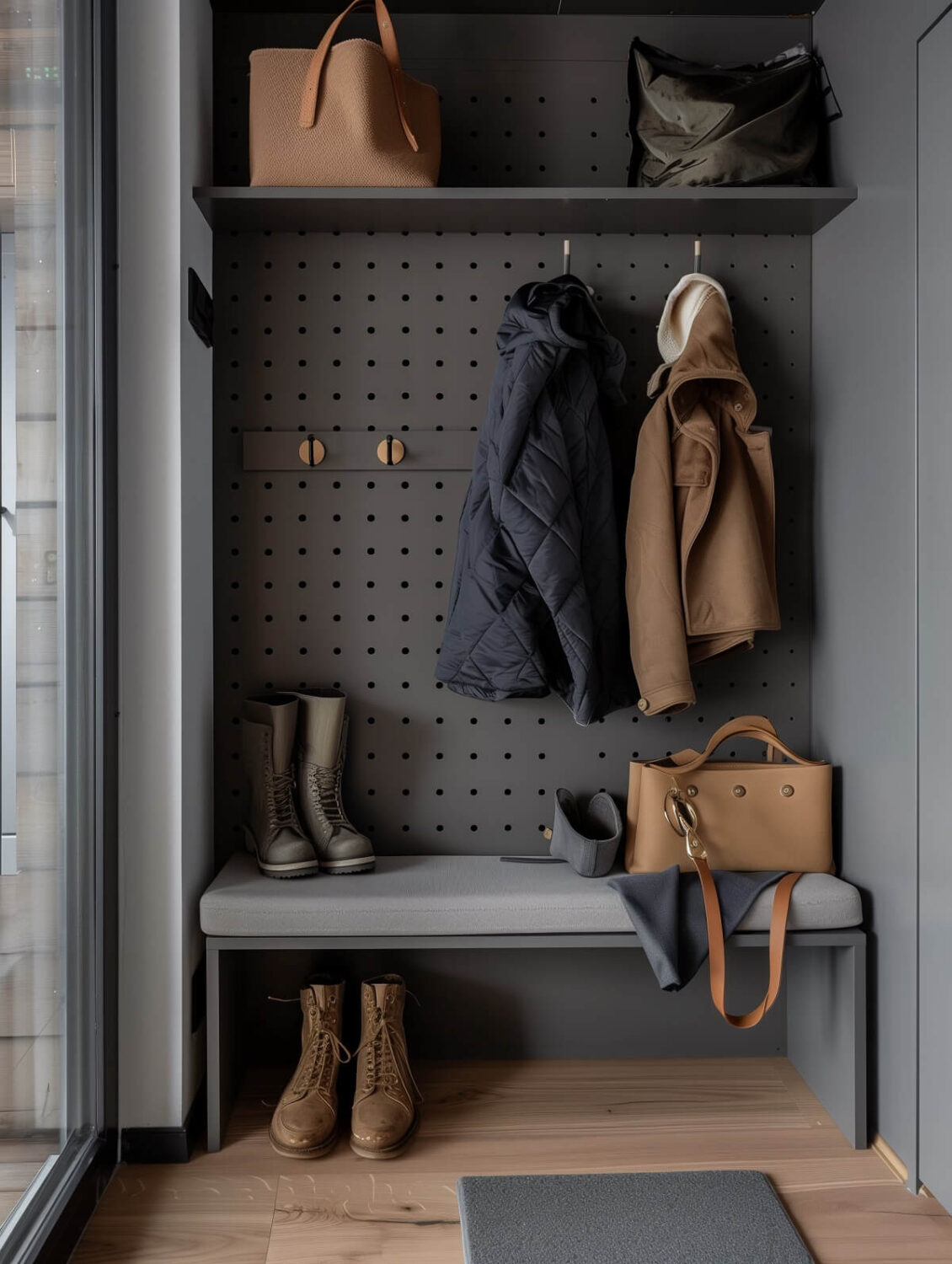 Stylish Small Entryway Ideas with Smart Storage Solutions 9 small gray entryway with pegboard wall and bench nordroom