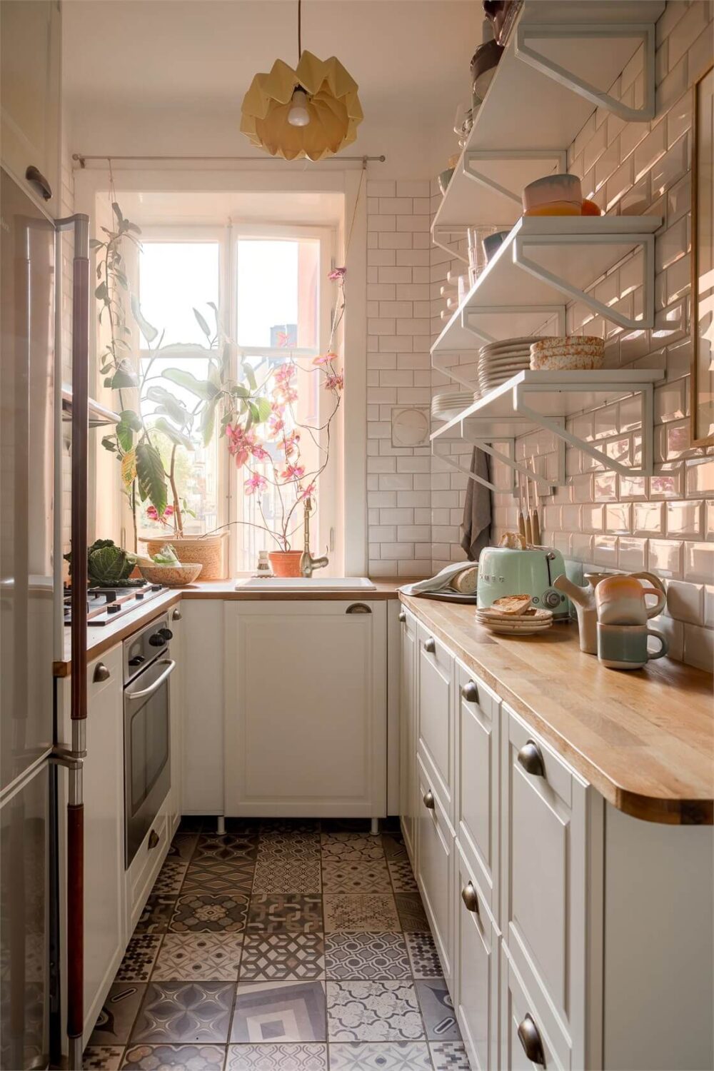 The Pros and Cons of a Wooden Kitchen Countertop 12 small kichen with white tiles cabinets and wooden worktop