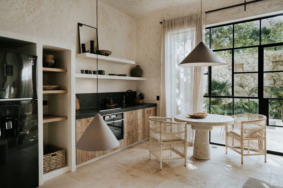 A Serene Design Apartment in Tulum 17 small-wooden-kitchen-dining-area-nordroom