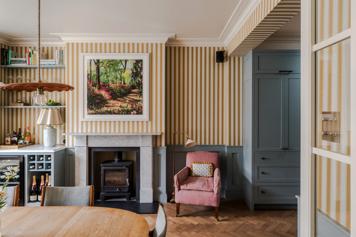 Color, Pattern, and Texture in a Renovated London Townhouse 2 striped wallpaper herringbone floor dining room