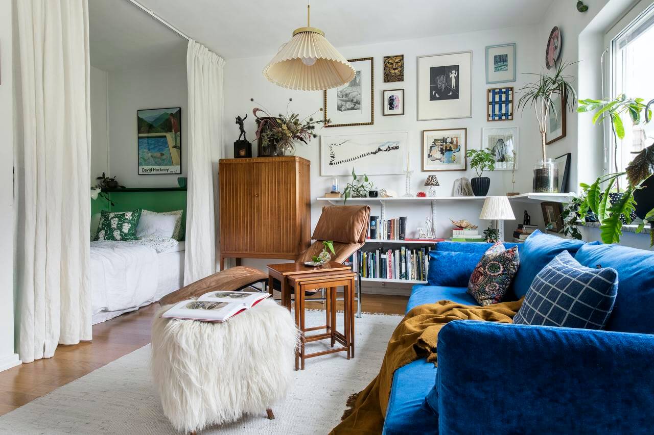 52 Studio Apartments with a Curtain Room Divider 4 studio-apartment-curtain-room-divider-half-painted-green-wall-nordroom