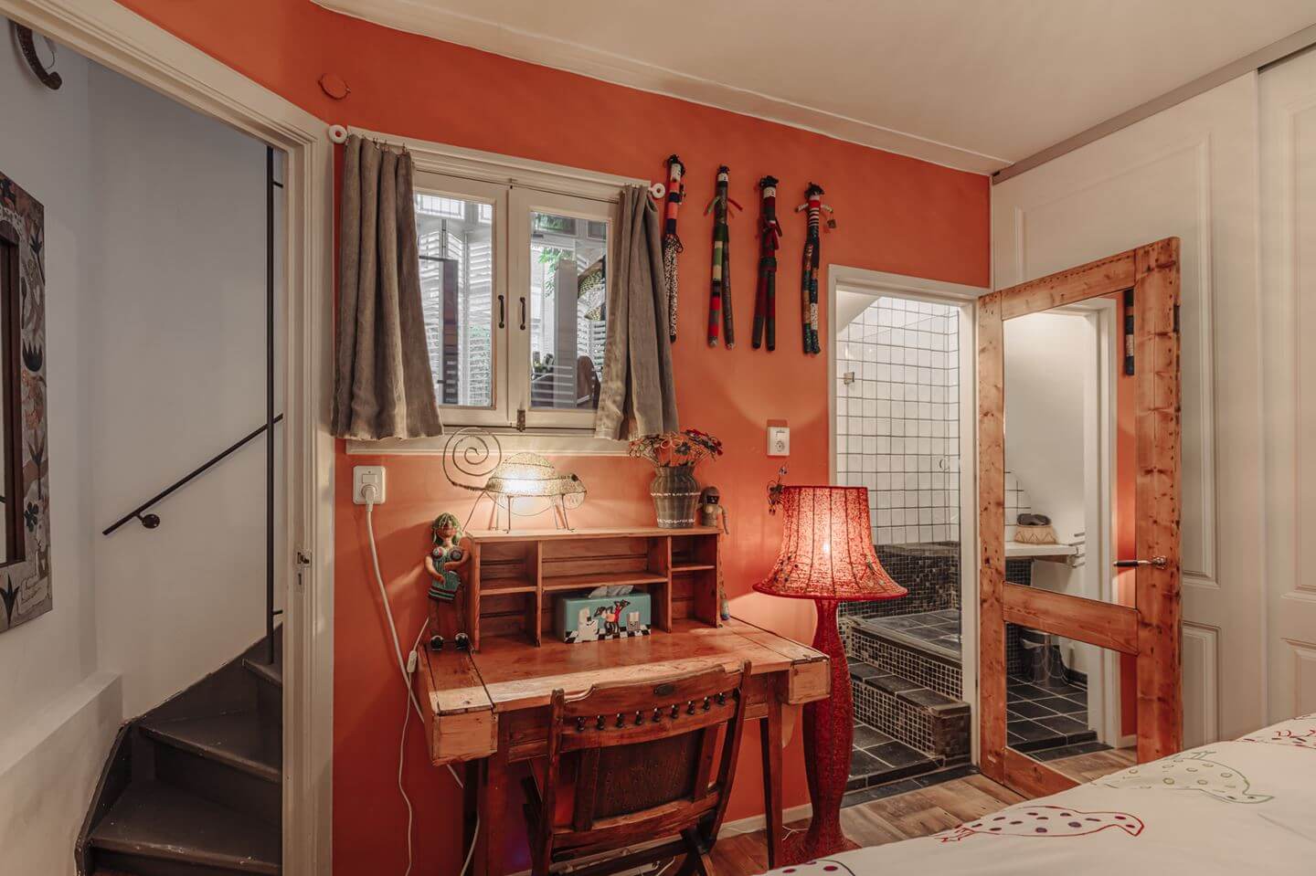 A Charming Amsterdam Townhouse with a Cozy Roof Terrace 16 terracotta bedroom with desk
