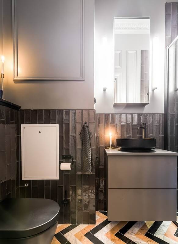 Moody, not Gloomy! Beautiful Dark Small Bathrooms 11 tiny-bathroom-gray-wall-tiles-colorful-floor-tiles-nordroom