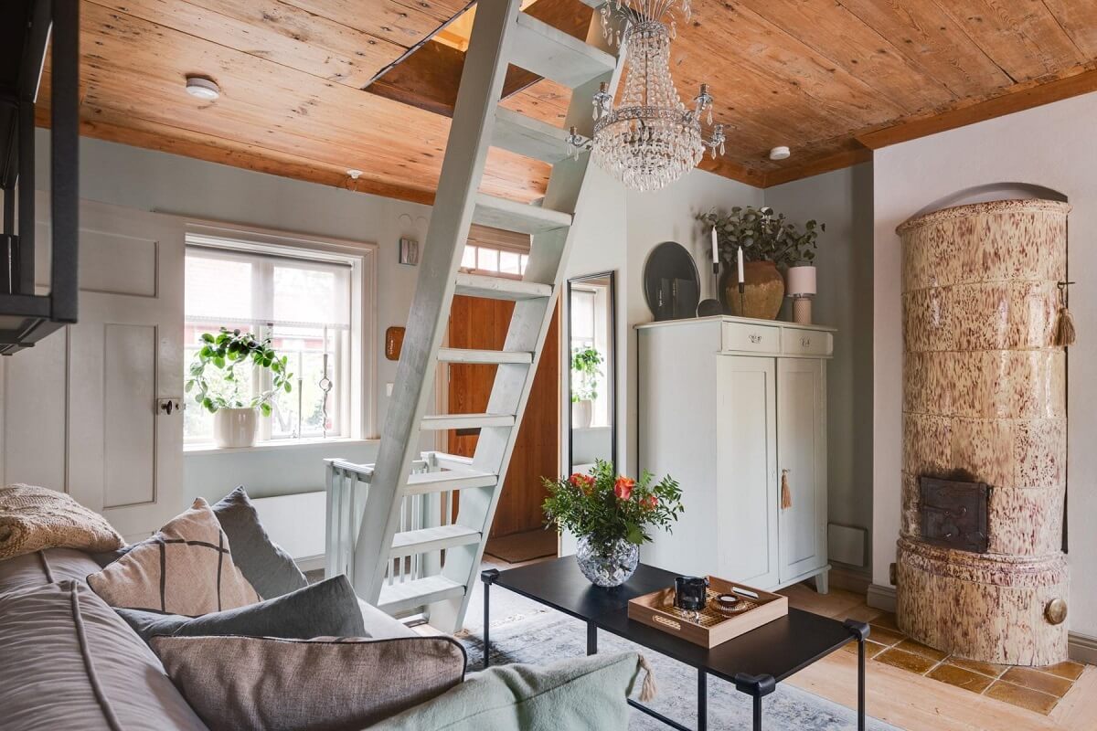 tiny living room fireplace wooden ceiling