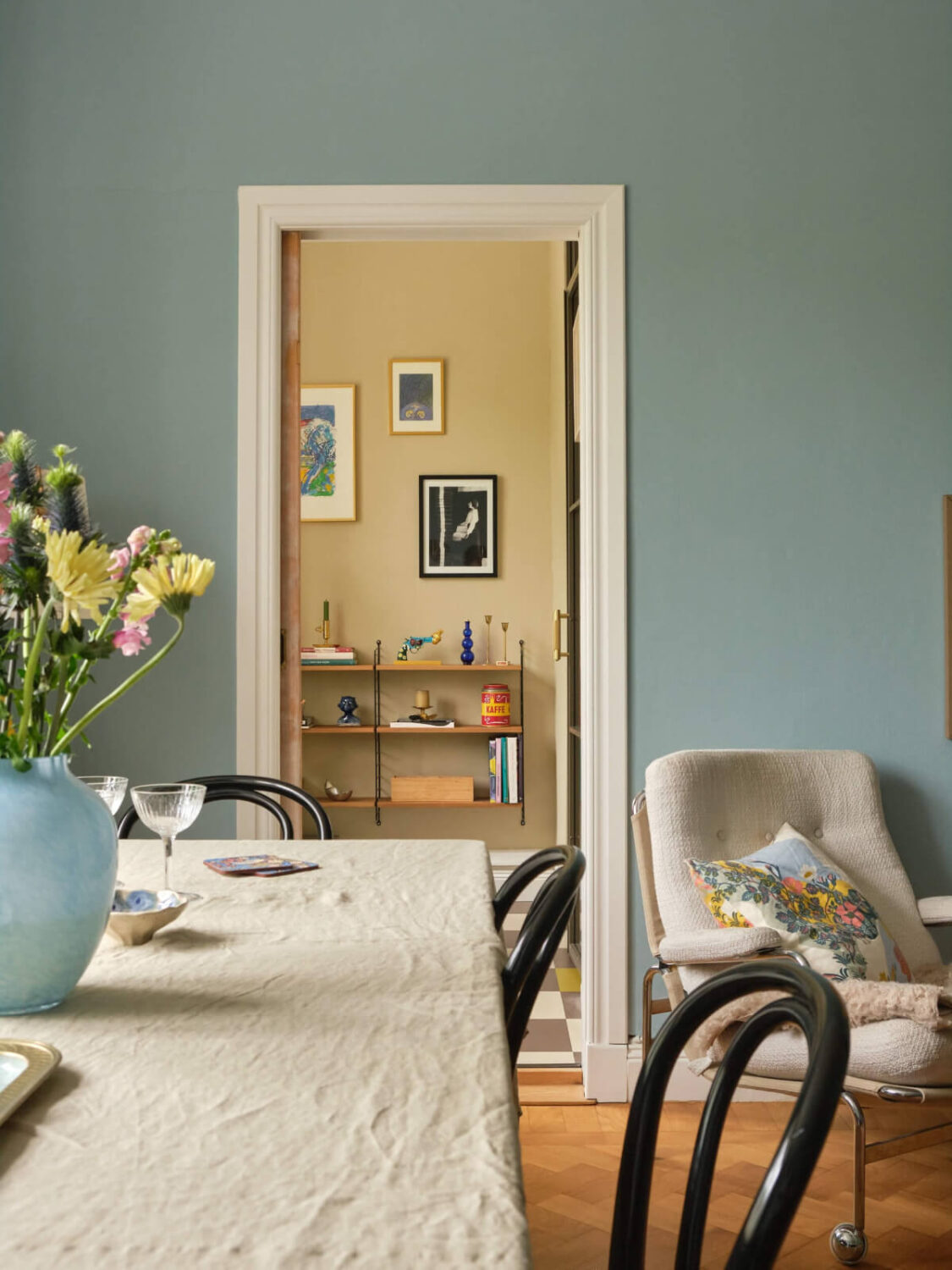 A Beautiful Color Palette and Historic Elements in a Stockholm Apartment 11 view into home office