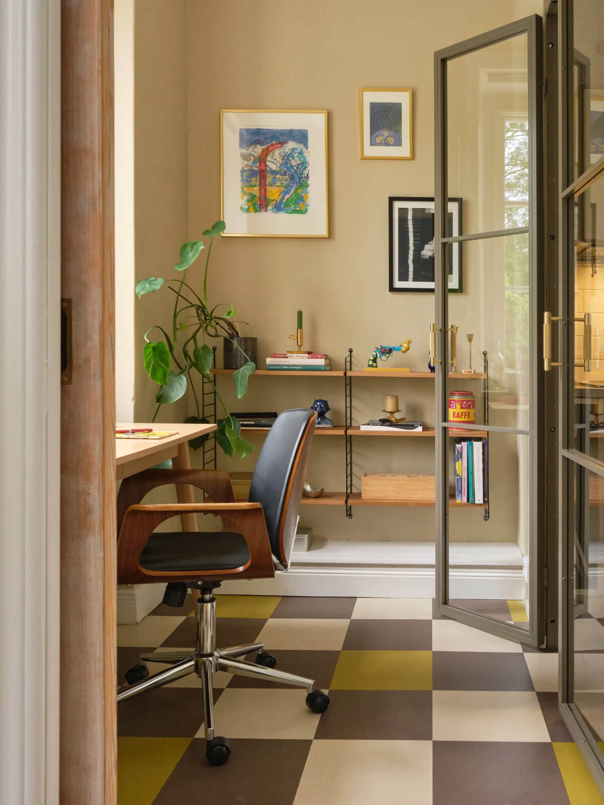 view into home office checkerboard floor