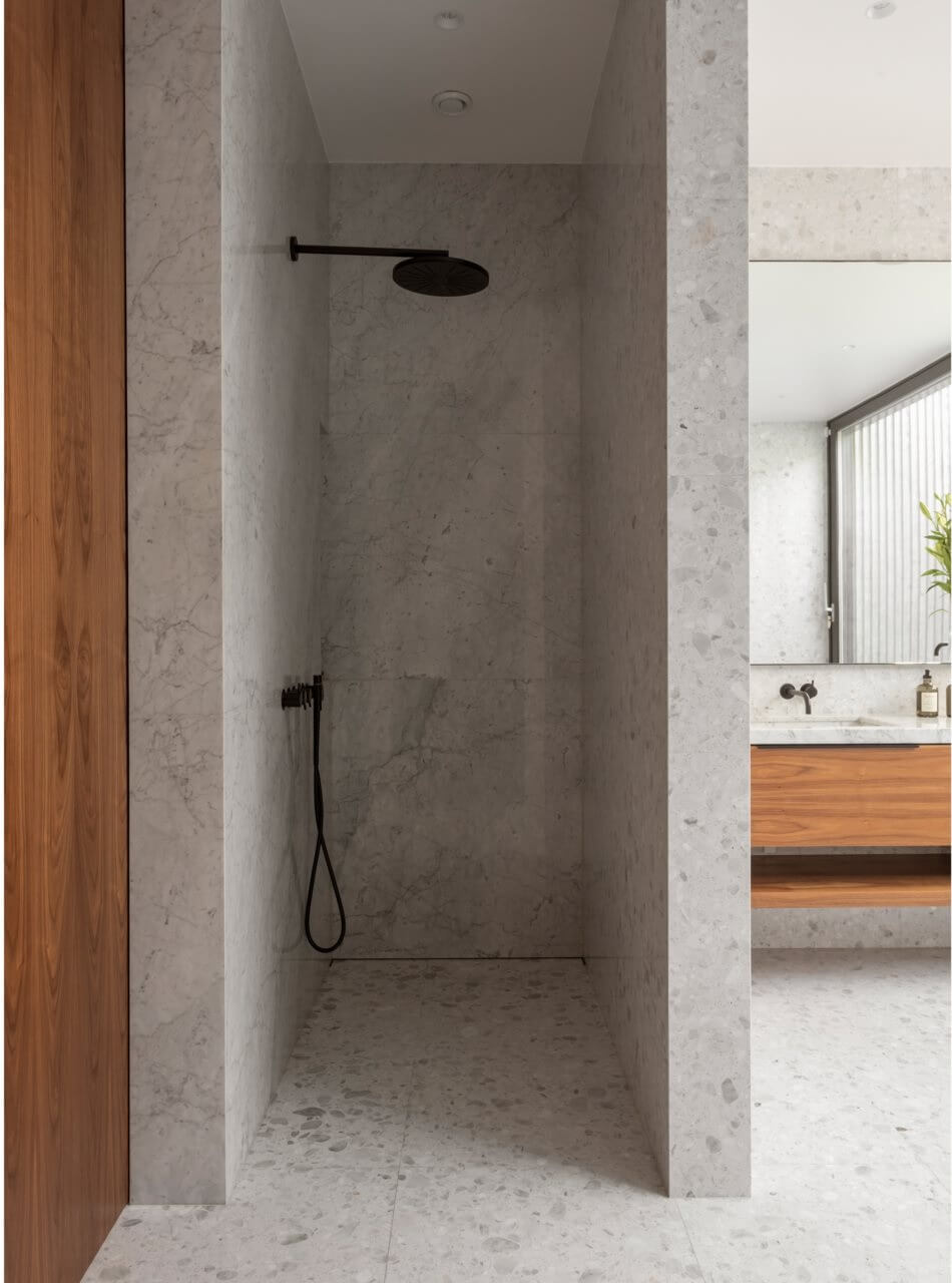 A Luxurious Architect-Designed Villa in Sweden 19 walk in shower with light gray tiles