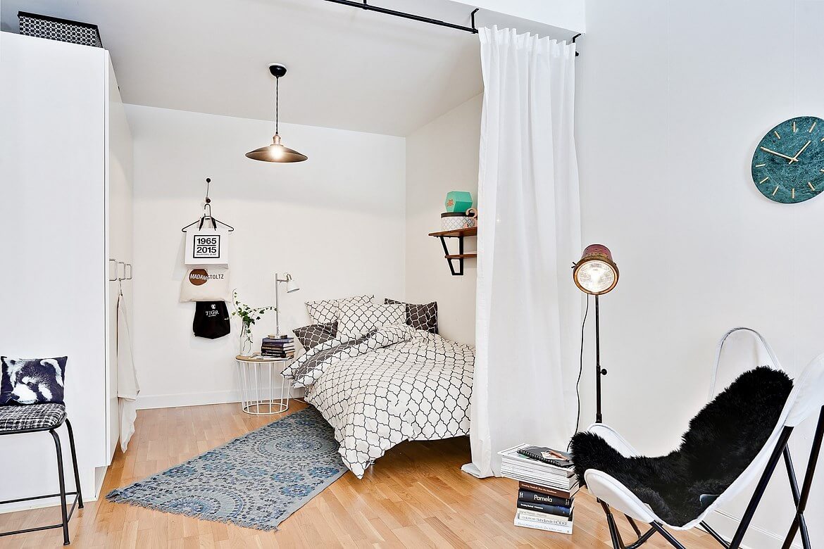 52 Studio Apartments with a Curtain Room Divider 59 white-curtain-room-divider-scandi-studio-nordroom