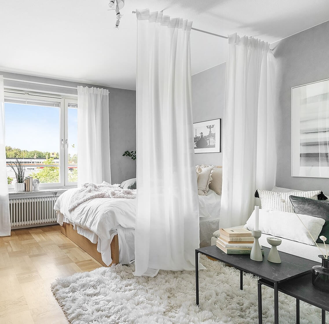 52 Studio Apartments with a Curtain Room Divider 44 white-curtains-scandinavian-studio-apartment-nordroom
