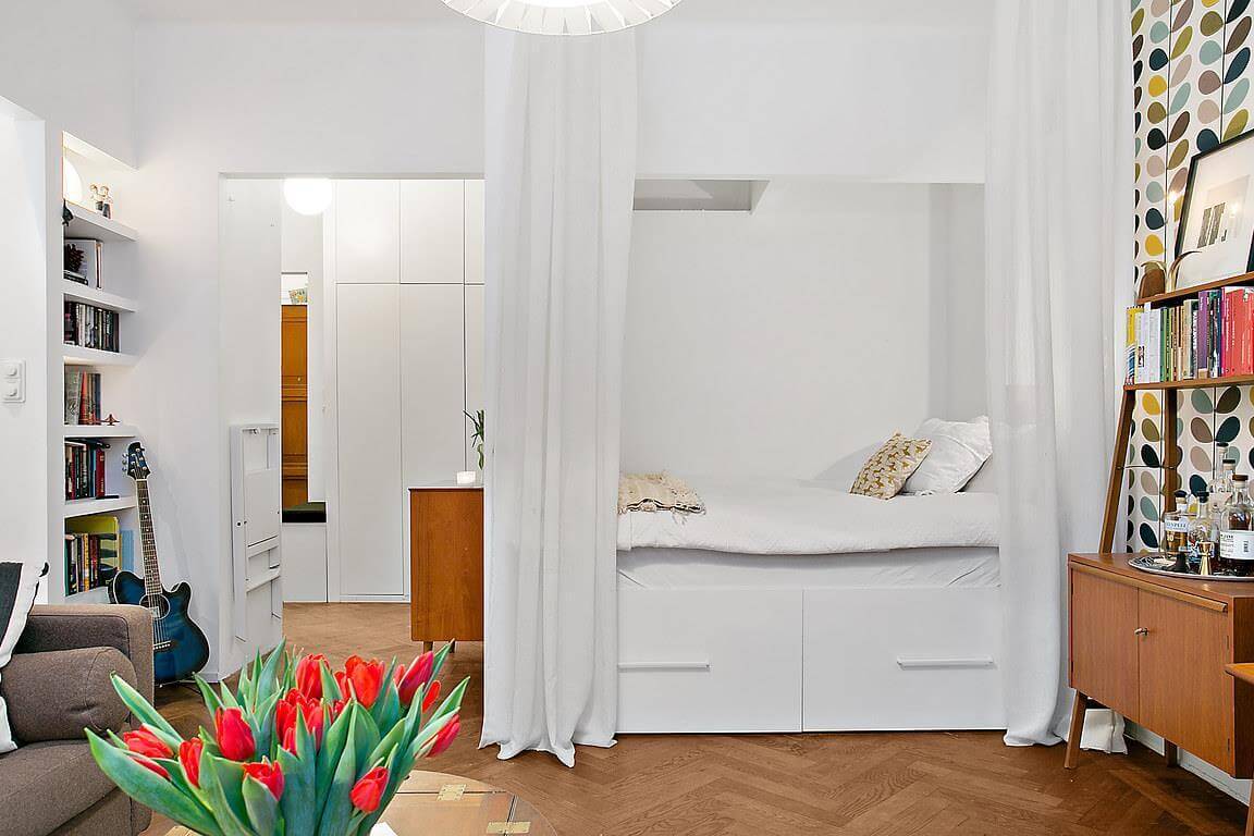 52 Studio Apartments with a Curtain Room Divider 66 white-curtains-studio-apartment-wooden-floor-nordroom