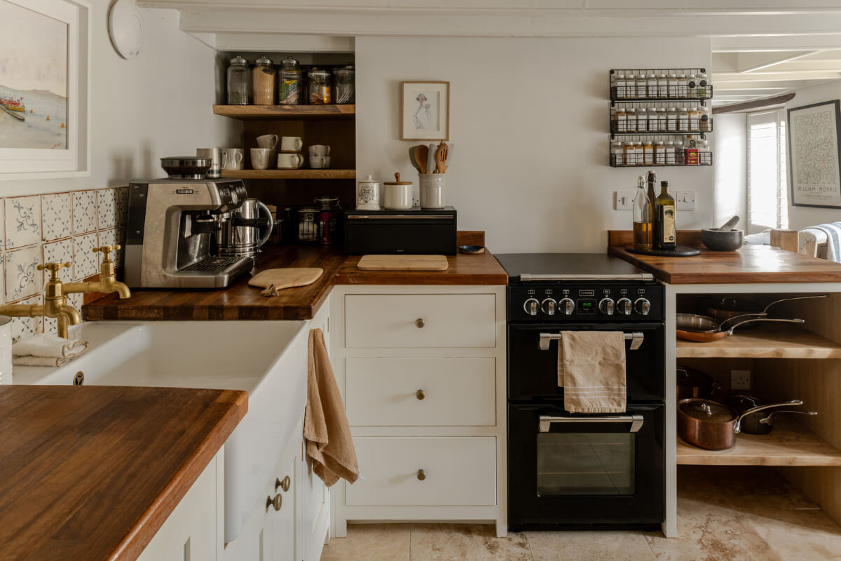 white kitchen antique tiles wooden countertop