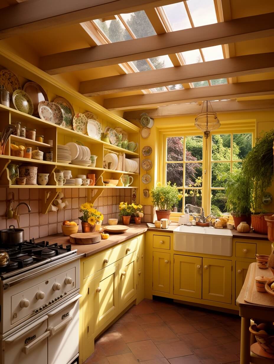 Yellow Kitchen Design Ideas (with Paint Colors) 32 yellow-cottage-kitchen-butler-sink-terracotta-floor-skylight-interior-trends-nordroom